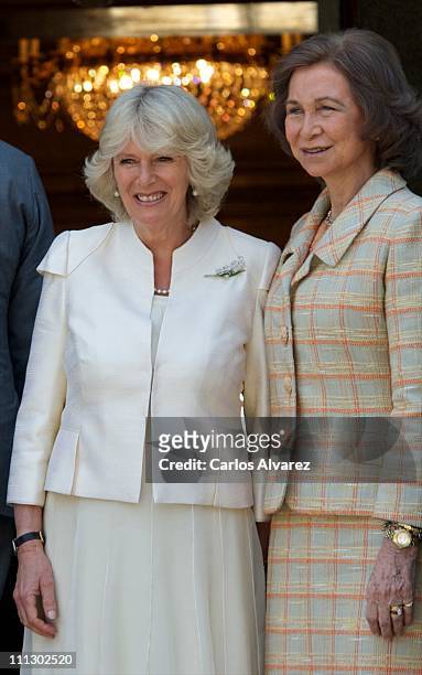 Queen Sofia of Spain receive Camilla, Duchess of Cornwall at Zarzuela Palace on day two of a three day visit to Spain on March 31, 2011 in Madrid,...