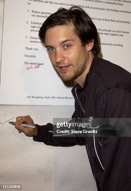 Tobey Maguire during Global Green USA Releases Climate Change Report, Calls on President Bush to Attend Upcoming Earth Summit In South Africa at...