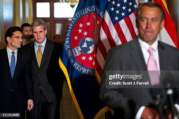 March 29: House Majority Leader Eric Cantor, r-Va., House Majority Whip Kevin McCarthy, R-Calif., and House Speaker John A. Boehner, R-Ohio, arrive...