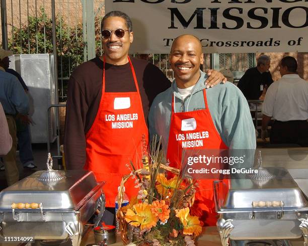 Larry Elder & Kevin Eubanks during Los Angeles Mission Thanksgiving Meal for the Homeless in Los Angeles, California, United States.