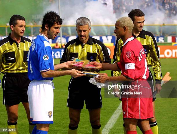 Josep Guardiola of Brescia and Jose'' Ze Maria of Perugia before the start of the Serie A 28th Round League match played between Brescia and Perugia...