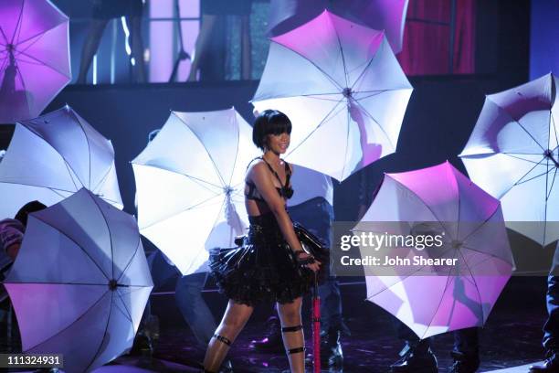 Rihanna performs "Umbrella" during 2007 MTV Movie Awards - Show at Gibson Amphitheater in Los Angeles, California, United States.