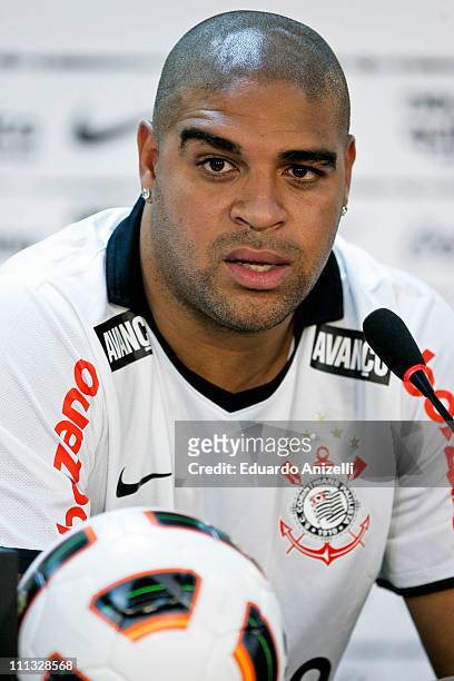 Adriano, from Brazil, speaks for the press during his persentation as new player of Corinthians on March 31, 2011 in Sao Paulo, Brazil. Adriano has...