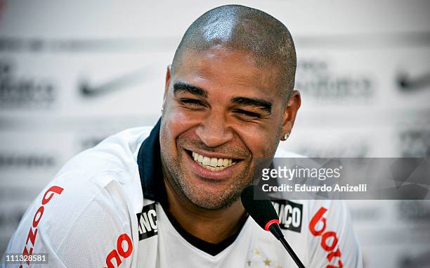 Adriano, from Brazil, speaks for the press during his persentation as new player of Corinthians on March 31, 2011 in Sao Paulo, Brazil. Adriano has...