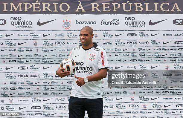 Adriano, from Brazil, poses for the press during his persentation as new player of Corinthians at Joaquim Grava Training Camp in the east area of the...