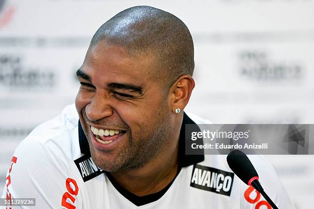 Adriano, from Brazil, speaks for the press during his persentation as new player of Corinthians on March 31, 2011 in Sao Paulo, Brazil. Adriano has...