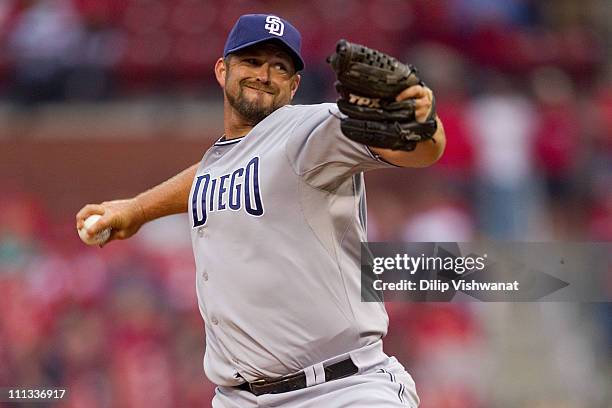 Reliever Heath Bell of the San Diego Padres pitches against the St. Louis Cardinals on opening day at Busch Stadium on March 31, 2011 in St. Louis,...