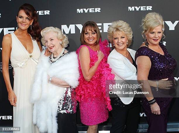 Rhonda Burchmore,Val Jellay,Denise Drysdale,Patti Newton and Colette Mann arrive to celebrate Myer Bourke Street reopening and 100th birthday on...