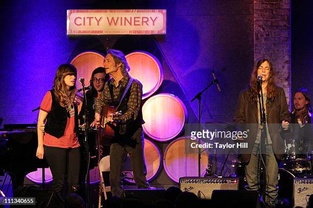 Nicole Atkins, Jesse Smith, Lenny Kaye, and Patti Smith perform during the Bridge To Japan: Earthquake & Tsunami Relief Benefit at City Winery on...