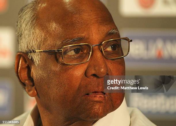 President Sharad Pawar talks to the media ahead of the 2011 ICC World Cup Final at the Wankhede Stadium on April 1, 2011 in Mumbai, India.