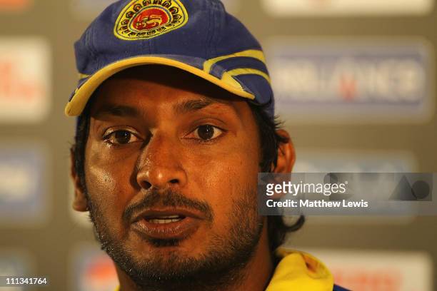 Kumar Sangakkara, Captain of Sri Lanka talks to the media ahead of the 2011 ICC World Cup Final at the Wankhede Stadium on April 1, 2011 in Mumbai,...