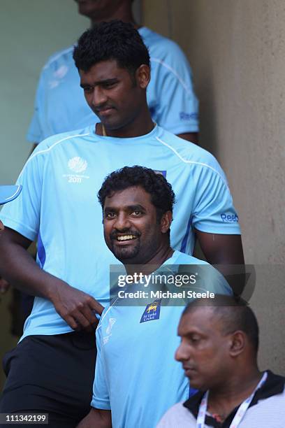 Muttiah Muralitharan alongside Thisara Perera and selector Aravinda Da Silva during the Sri Lanka nets session at the Wankhede Stadium on April 1,...