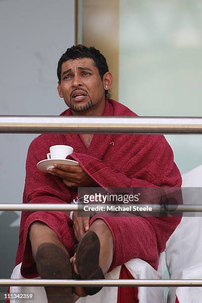 Tillakaratne Dilshan rests after the Sri Lanka nets session at the Wankhede Stadium on April 1, 2011 in Mumbai, India.