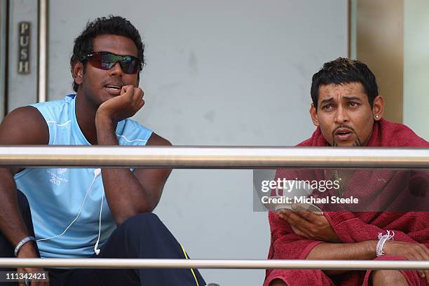 Tillakaratne Dilshan alongside Angelo Mathews after the Sri Lanka nets session at the Wankhede Stadium on April 1, 2011 in Mumbai, India.