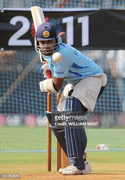 Sri Lankan batsman Mahela Jayawardene faces a ball in the nets during the team's final training session at the Wankhede Stadium in Mumbai on April 1,...