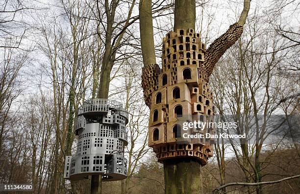 Part of an installation entitled 'Super Kingdom', hangs in trees in King's Wood as part of the Stour Valley Arts project on March 31, 2011 in...