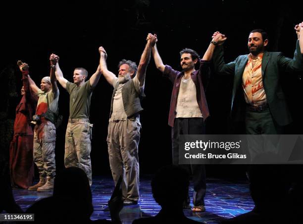 Cast members Necar Zadegan, Glenn Davis and Brad Fleischer, Robin Williams, Arian Moayed and Hrach Titizian attend the curtain call on Opening Night...