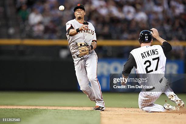 San Francisco Giants Emmanuel Burriss in action, turning double play vs Colorado Rockies Garrett Atkins at Coors Field.Denver, CO 5/6/2009CREDIT: Tim...