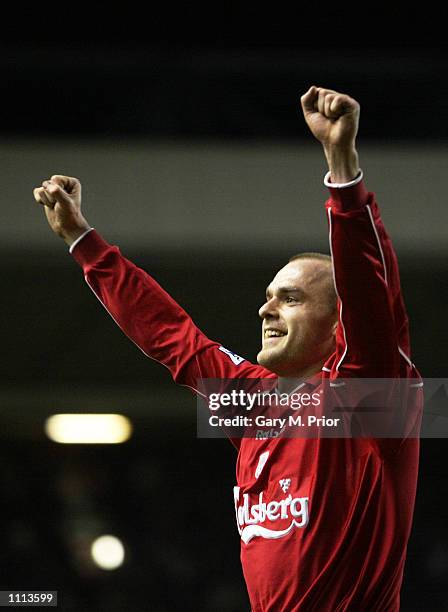 Danny Murphy of Liverpool celebrates his goal during the FA Barclaycard Premiership match between Liverpool and Newcastle United played at Anfield,...