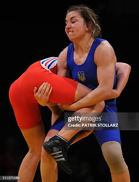 Adeline Vescan from France fights with Ganna Vasylenko from Ukraine in the final for the third place of the European Wrestling Championship 59 kg...