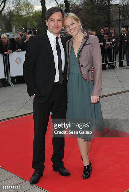 Actress Bernadette Heerwagen and Ole Puppe attend the Grimme Award 2011 on April 1, 2011 in Marl, Germany.