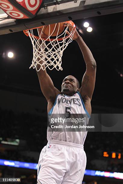 Martell Webster of the Minnesota Timberwolves dunks against the Miami Heat during the game on April 1, 2011 at Target Center in Minneapolis,...