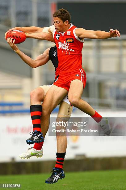 Levi Casboult of the Bullants flies for a mark during the round one VFL match between the Northern Bullants and the Bendigo Bombers at Visy Park on...