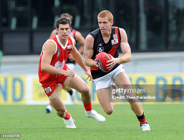 James Webster of the Bombers runs off with the ball during the round one VFL match between the Northern Bullants and the Bendigo Bombers at Visy Park...