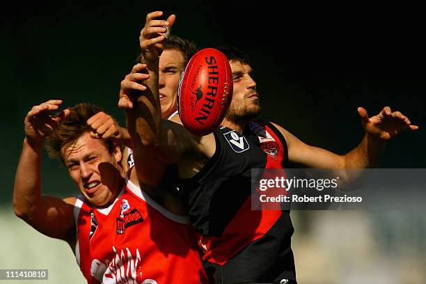 Scott Gumbleton of the Bombers contests a mark during the round one VFL match between the Northern Bullants and the Bendigo Bombers at Visy Park on...