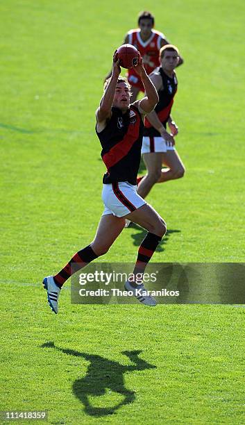 Brent Prismall of the Bombers marks the ball during the round one VFL match between the Northern Bullants and the Bendigo Bombers at Visy Park on...