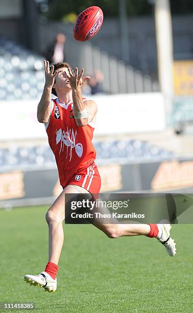 Rohan Kerr of the Bullants marks the ball during the round one VFL match between the Northern Bullants and the Bendigo Bombers at Visy Park on April...