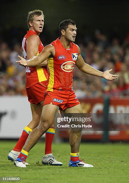 Karmichael Hunt of the Suns reacts during the round two AFL match between the Gold Coast Suns and the Carlton Blues at The Gabba on April 2, 2011 in...