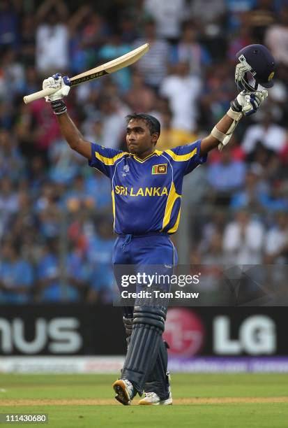 Mahela Jayawardene of Sri Lanka celebrates reaching his century during the 2011 ICC World Cup Final between India and Sri Lanka at the Wankhede...