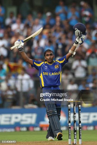 Mahela Jayawardena of Sri Lanka celebrates reaching his century during the 2011 ICC World Cup Final between India and Sri Lanka at Wankhede Stadium...