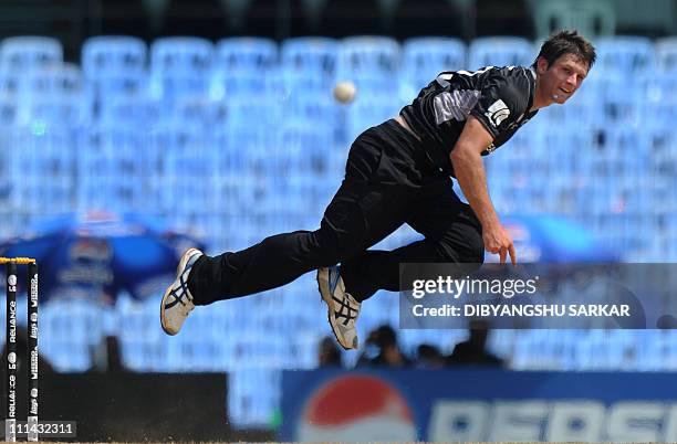 New Zealand cricketer Hamish Bennett bowls during the second match in the World Cup Cricket tournament between Kenya and New Zealand at The M.A....