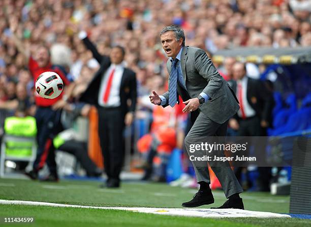 Head coach Jose Mourinho of Real Madrid reacts during the la Liga match between Real Madrid and Sporting Gijon at Estadio Santiago Bernabeu on April...