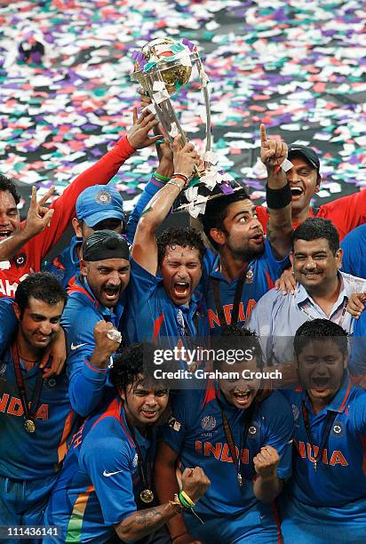 India players celebrate after India defeated Sri Lanka in the 2011 ICC World Cup Final between India and Sri Lanka played at Wankhede Stadium on...