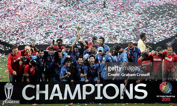 India players celebrate after India defeated Sri Lanka in the 2011 ICC World Cup Final between India and Sri Lanka played at Wankhede Stadium on...