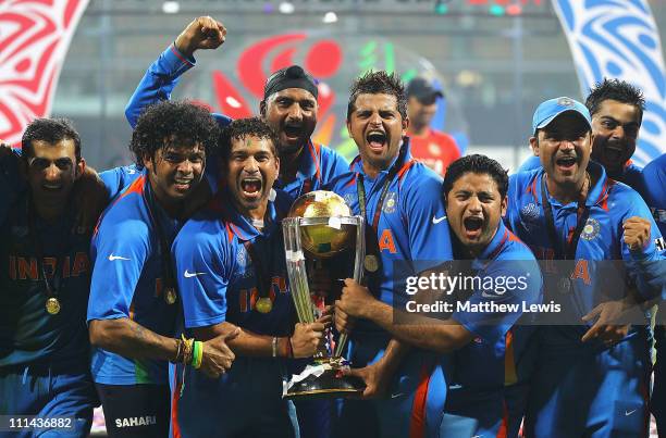 Sreesanth, Sachin Tendulkar, Harbhajan Singh, Suresh Raina, Piyush Chawla and Virender Sehwag of India celebrate their teams win against Sri Lanka...