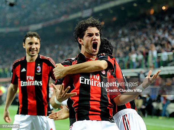Alexandre Pato of AC Milan celebrates scoring the first goal during the Serie A match between AC Milan and FC Internazionale Milano at Stadio...