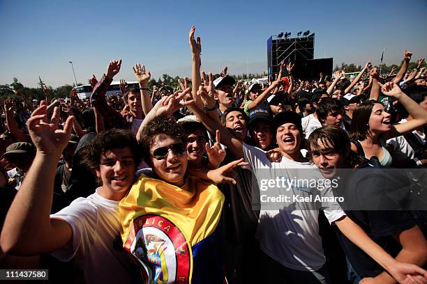 View of the audience of group Los Bunkers during the 2011 Lollapalooza Music Festival at O'Higgins Park on Apil 2, 2011 in Santiago, Chile.