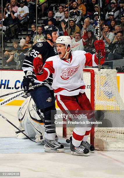 Justin Abdelkader of the Detroit Red Wings celebrates after scoring the game tying goal against the Nashville Predators on April 2, 2011 at the...