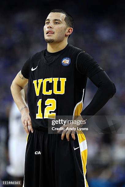 Joey Rodriguez of the Virginia Commonwealth Rams looks on against the Butler Bulldogs during the National Semifinal game of the 2011 NCAA Division I...