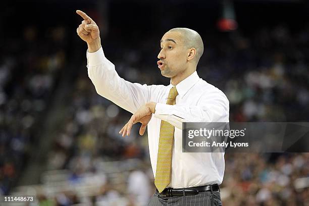 Head coach Shaka Smart of the Virginia Commonwealth Rams gestures from the sidelines against the Butler Bulldogs during the National Semifinal game...