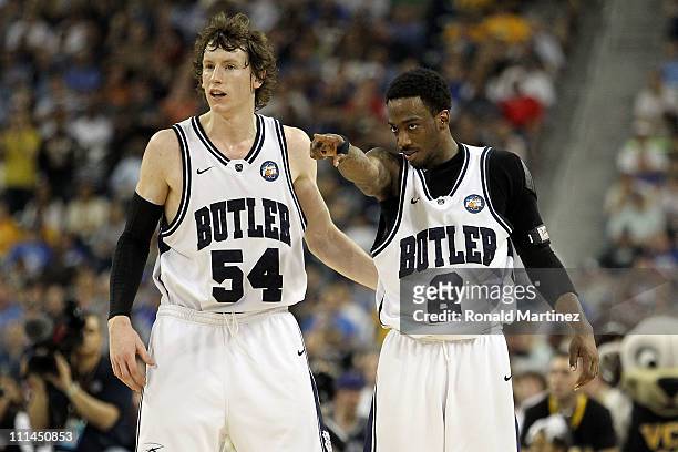 Matt Howard and Shawn Vanzant of the Butler Bulldogs look on against the Virginia Commonwealth Rams during the National Semifinal game of the 2011...