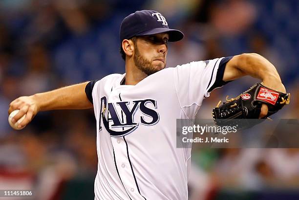 Pitcher James Shields of the Tampa Bay Rays pitches against the Baltimore Orioles during the game at Tropicana Field on April 2, 2011 in St....