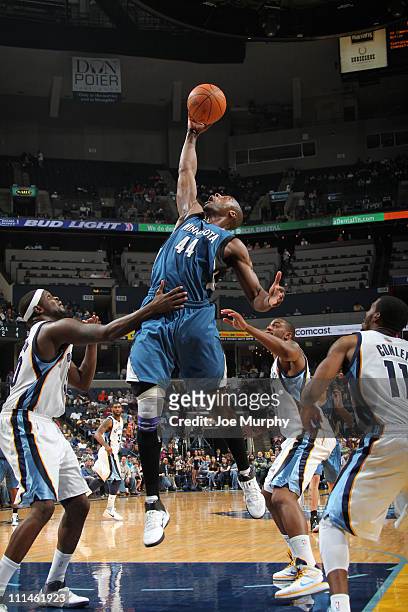 Anthony Tolliver of the MInnesota Timberwolves rebounds against the Memphis Grizzlies on April 2, 2011 at FedEx Forum in Memphis,Tennessee. NOTE TO...