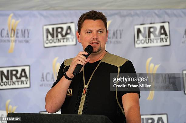 Personality Storme Warren speaks at the NRA Country/ACM Celebrity Shoot hosted by Blake Shelton at Nellis Air Force Base on April 2, 2011 in Las...