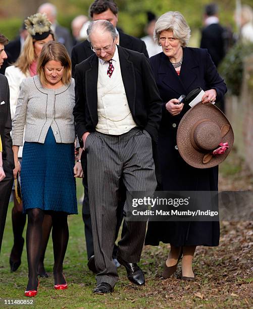 Laura Fellowes, Sir Robert Fellowes and Lady Jane Fellowes attend the wedding of William Duckworth-Chad and Lucy Greenwell at All Saints Church,...