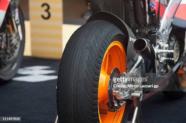 The tyre of the Dani Pedrosa's bike of Spain and Repsol Honda Team after the MotoGP race at Circuito de Jerez on April 3, 2011 in Jerez de la...